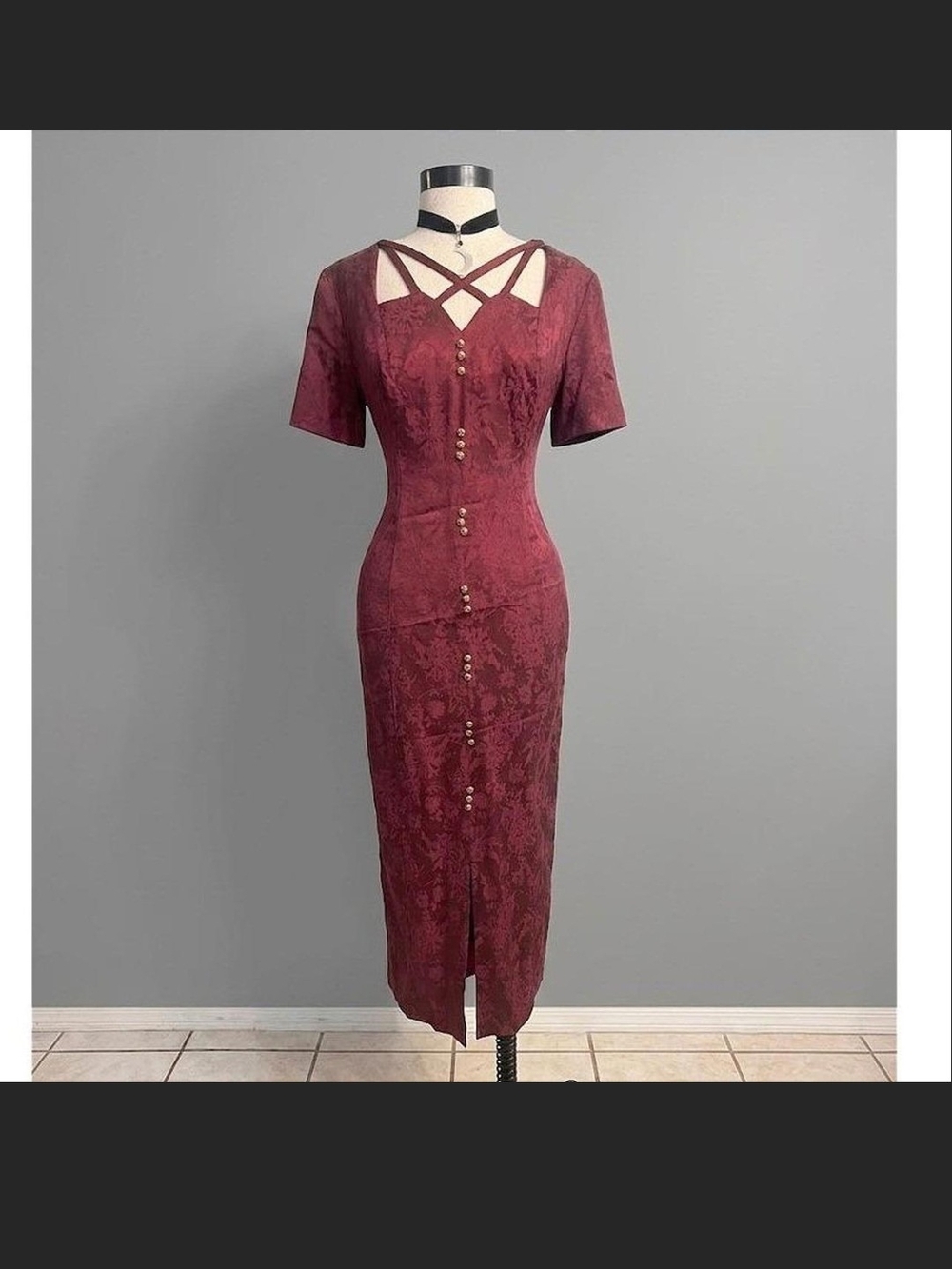 Structured Burgundy Midi Dress with Decorative Front Buttons